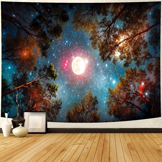 Delur Forest Tapestry Galaxy Moon Stars Night Space Starry Sky Wall Hanging Tapestry Aesthetic Tree Nature Landscape Psychedelic Headboard for Bedroom Living Room Home Decor (51.2" x 59.1")-Ruum Studio Home