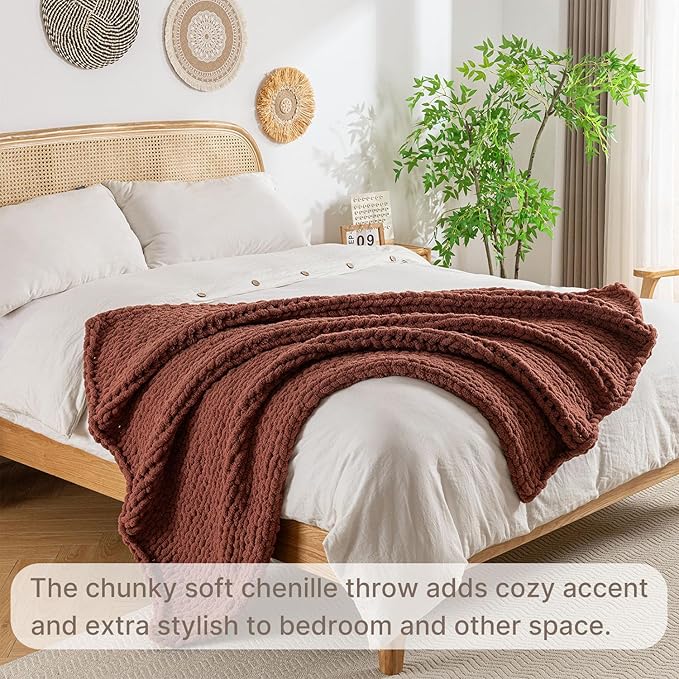 Chunky Knit Blanket Throw, 100% Hand Knit Throw Blanket Handmade Chenille Cable Knit Throw for Couch, Stylish Cozy Soft Rope Knot Crochet Blanket for Home Decor, Copper Brown, 50x60 Inches-Ruum Studio Home