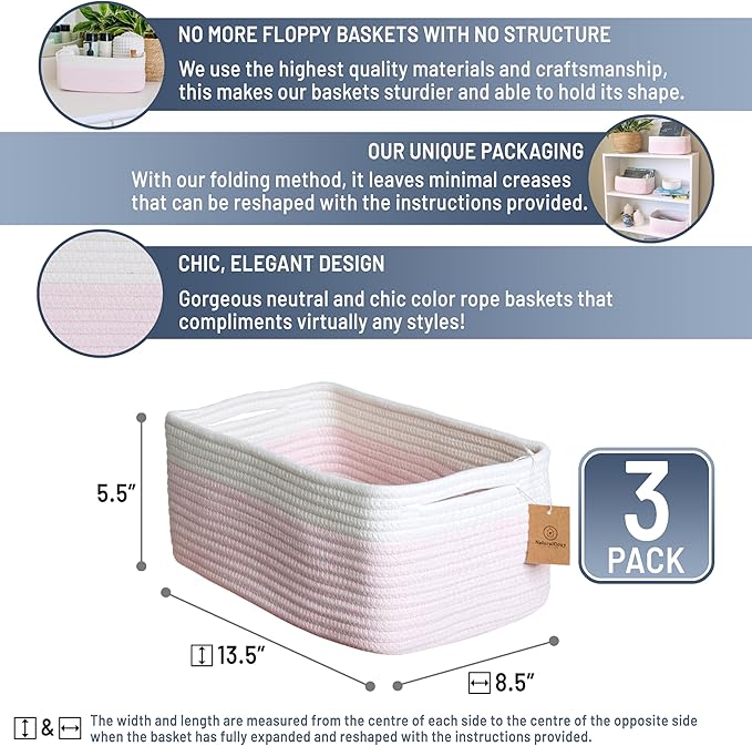 NaturalCozy 13.5”x8.5”x5.5” Rectangle Storage Baskets for Shelves 3 Pack | Cotton Rope Woven Small Baskets for Organizing | Small Storage Bins for Nursery, Bathroom, Closet, Shelf, Decorative-Ruum Studio Home
