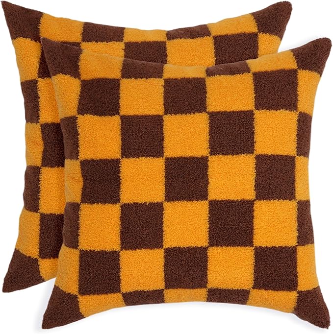 Alysheer Checkered Embroidered Decorative Throw Pillow Covers 18"x 18" Set of 2, Farmhouse Maillard Orange Brown Plaid Tufted Patterned Cotton Canvas Cushion Case for Sofa Couch Bed Living Room-Ruum Studio Home