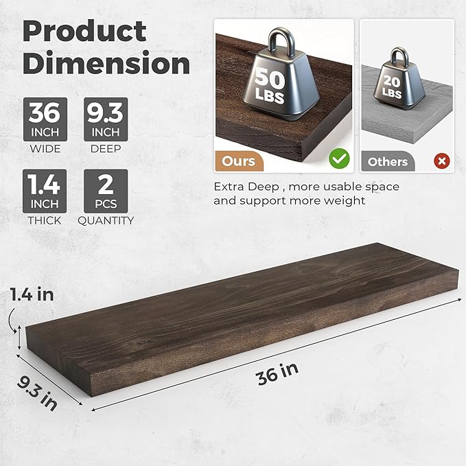 RICHFOCUS Elm Floating Shelves for Wall - 36" W x 9.3" D Rustic Solid Wood Shelves with Invisible Bracket, Wall-Mounted for Living Room, Bedroom, Kitchen Storage & Display, Set of 2, Walnut-Ruum Studio Home