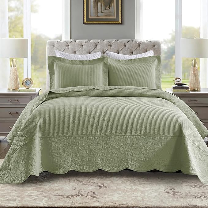 MarCielo 3-Piece 100% Cotton Oversized Bedspread Lightweight Quilt Coverlet Embroidery Farmhouse Bedding Set (TG Pale Green, Oversized Queen (100"x106"))-Ruum Studio Home