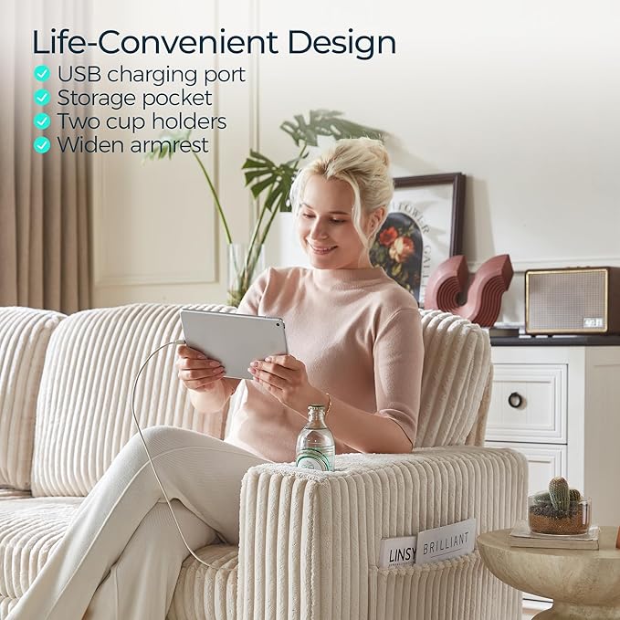 LINSY HOME Sectional Sleeper Sofa with Pull Out Couch Bed - Convertible Plush Corduroy Cloud Couch with Storage Chaise & USB Charging, Comfy L Shaped Modular Couches for Living Room Apartment, Beige-Ruum Studio Home