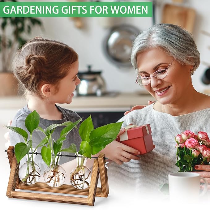 YIBOT Plants Propagation Stations,Desk Plant Terrarium with Retro Wooden Stand,Plant Lover Gifts for Women for Hydroponics Plants Home Garden Wedding Decor(3 Bulb Vase)-Ruum Studio Home