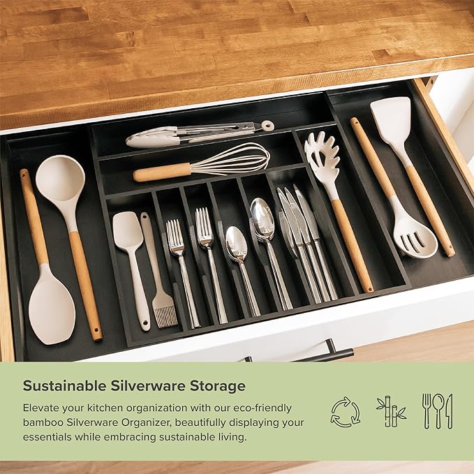 Premium Silverware, Flatware and Utensil Organizer for Kitchen Drawers, Food-Safe Contract Grade, Expandable from 18 to 33 In, Black Bamboo-Ruum Studio Home
