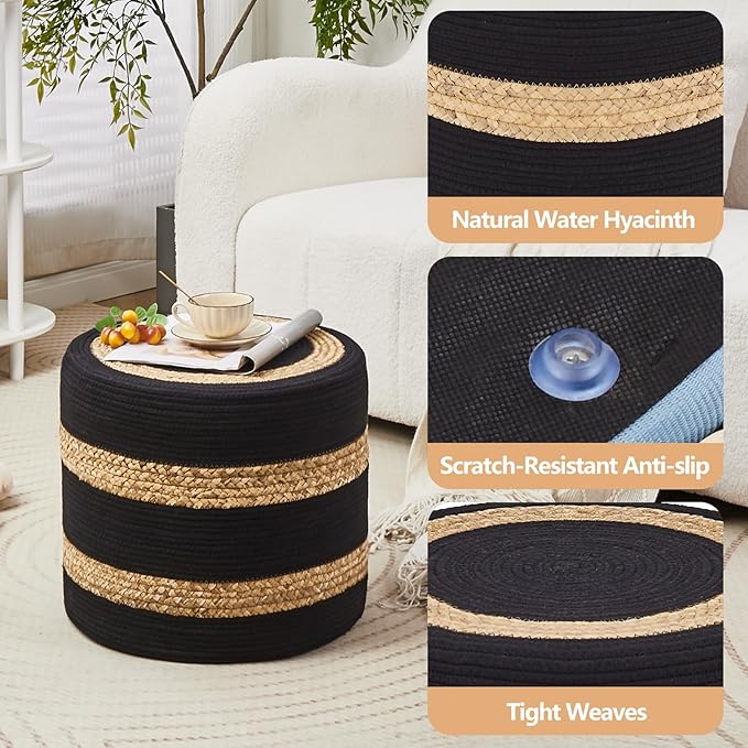 Wimarsbon 18'' Ottoman Pouf, Natural Braided Poof, Rustic Handweave Lounge Pouffe, Boho Footrest Stool for Bedroom, Accent Table or Seat for Living Room (Natural Water Hyacinth + Black Cotton Rope)-Ruum Studio Home