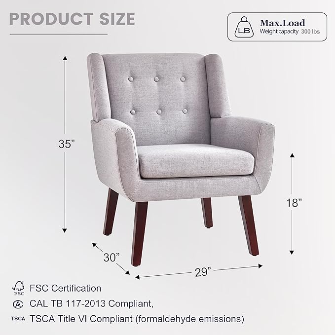 HUIMO Button-Tufted Accent Chairs Set of 2,Upholstered Reading Living Room Chair,Mid Century Modern Chair with Linen Fabric, Club Chair,Comfy Arm Chairs for Living Room,Bedroom,Light Grey-Ruum Studio Home