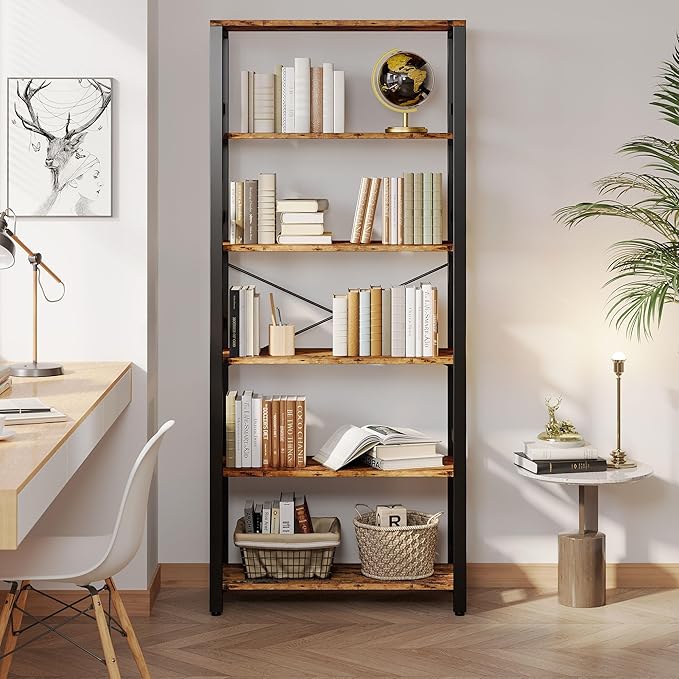 IRONCK Bookshelf, 31.5in Wide Shelf 6 Tier Bookcase, 110lbs/shelf Vintage Industrial Style Bookshelves for Bedroom, Living Room and Home Office, Vintage Brown-Ruum Studio Home