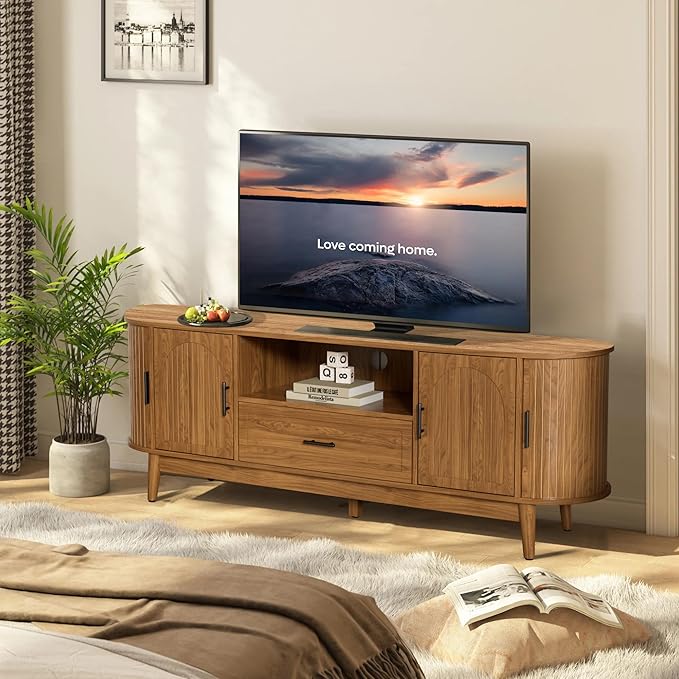 63" Fluted TV Stand for Tvs up to 70", Mid-Century Modern Entertainment Center with Drawers and Fluted Doors, Curved TV Media Console Table with Sliding Doors for Living Room, Bedroom (63")-Ruum Studio Home