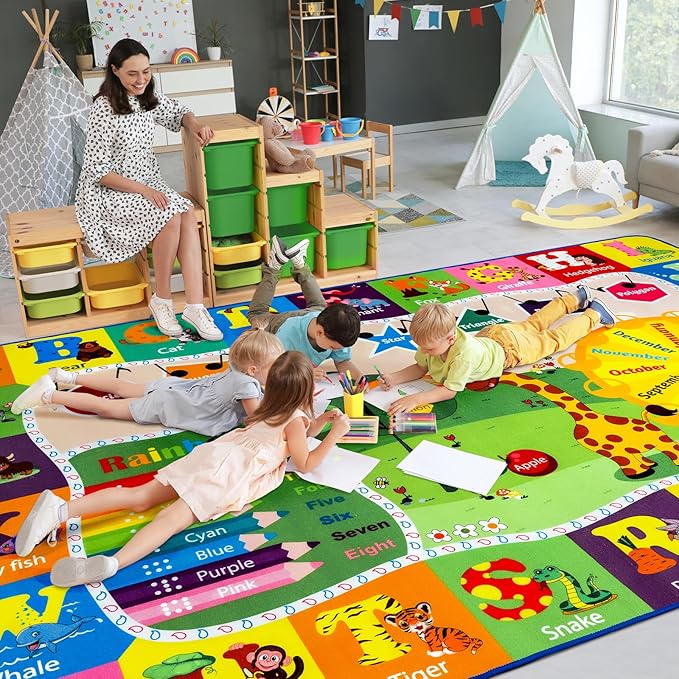 5x7 Playroom Rugs for Kids Washable, Educational and Fun Playmat with ABC Alphabet Animals Shapes Colors, Non-Slip Play Mat Learning Rugs for Baby Toddler Children Game Activity-Ruum Studio Home