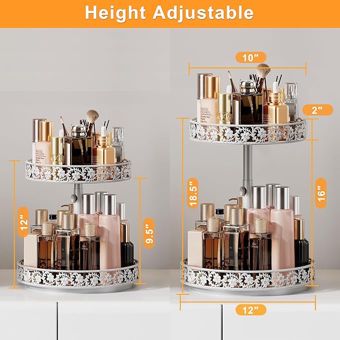 2 Tier Lazy Susan Organizer Turntable Adjustable,12 Inch Two Tier Lazy Susan Metal Easy Assembly Cleaning, Rotating Spice Rack Organizer for Cabinet Dining Table Kitchen Countertop White-Ruum Studio Home