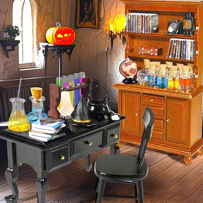 Rileryan 54 Pcs 1:12 Scale Magic Witchy House Kit Miniature Furnitures Accessories Mini Wooden Bookshelf Bookcase 30 Mini Books Desk Chair Halloween Decoration-Ruum Studio Home