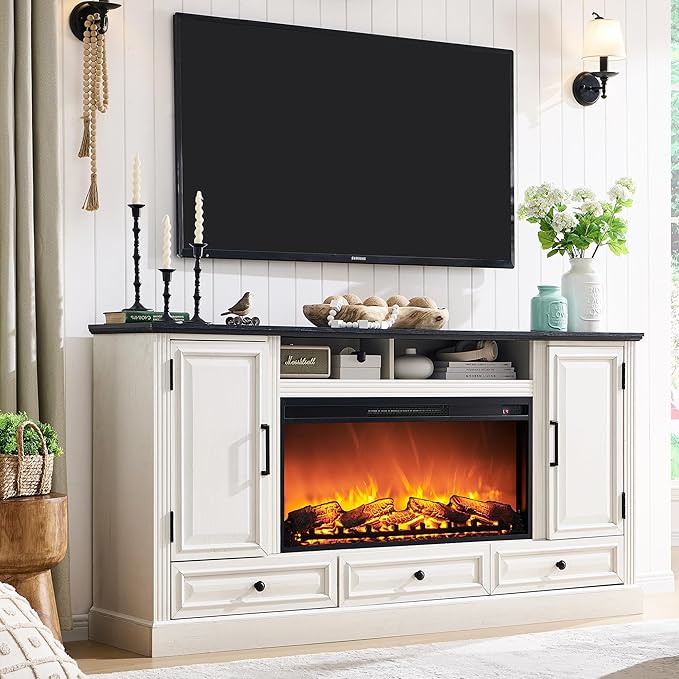 Fireplace TV Stand for 80 Inch TV, 35.7" Tall Farmhouse Entertainment Center W/36'' Electric Fireplace, Media Console with Large Storage Cabinets and Drawers for Living Room, Antique White-Ruum Studio Home