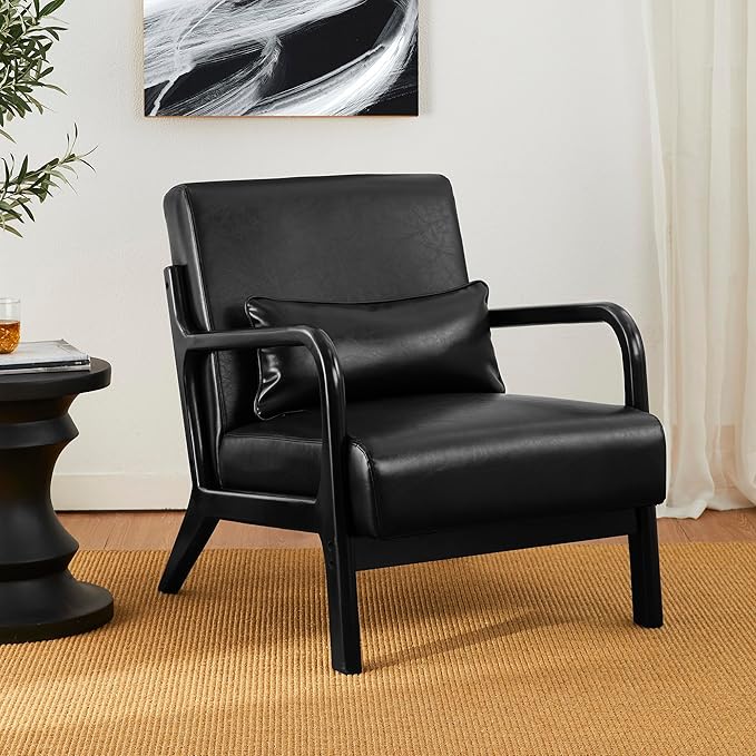 Glitzhome Accent Armchair with Walnut Ruberwood Frame, Black PU Leather Lounge Chair for Living Room-Ruum Studio Home