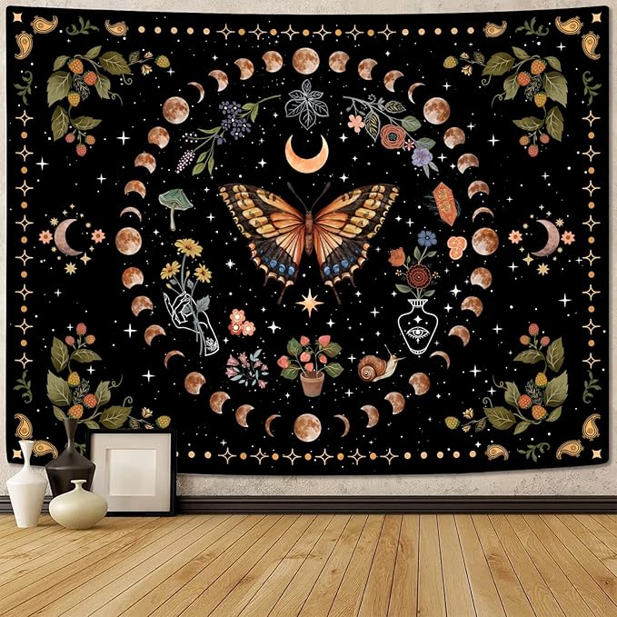 Aipon Yellow Butterfly Moon Flower Tapestry Botanical Floral Plant Boho Tapestry for Bedroom Aesthetic Vintage Tapestries Wall Hanging for Living Room Dorm (36.00'' × 48.00'', Yellow)-Ruum Studio Home
