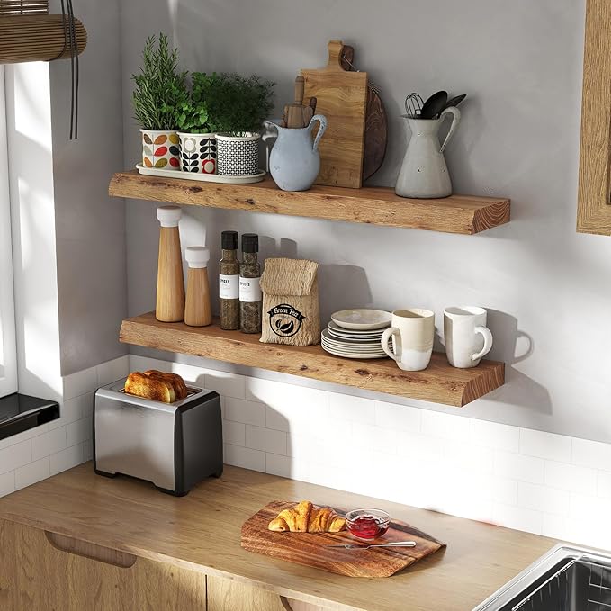 Solid Elm Wood Floating Shelves, 36 Inch Wood Floating Shelves for Wall, Live Edge Wooden Shelves Wall Mounted for Books, Bathroom, Kitchen, Natural Color, Set of 2-Ruum Studio Home