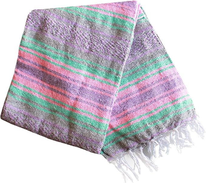 Del Mex Classic Mexican Blanket, Large Authentic Woven Falsa Throw (70"x50"), Artisan Southwest Décor for Beach, Yoga, Outdoors (Mint/Pink/Gray)-Ruum Studio Home