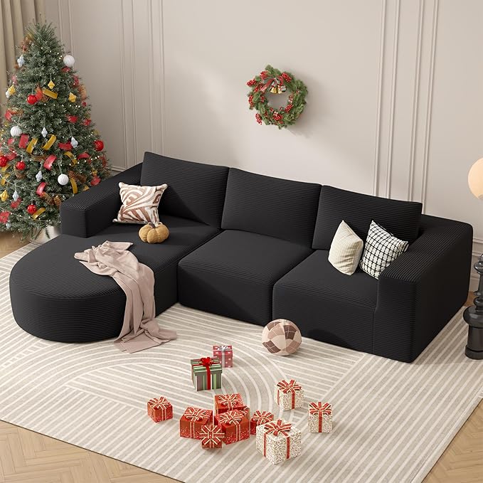 Modular Sectional Sofa with L-Shape Chaise,Cloud Sectional Modern Sleeper Couch with Deep Seat,Sponge Compression Sofas No Assembly Required (Black-Corduroy Fabric) 1PCS-Ruum Studio Home