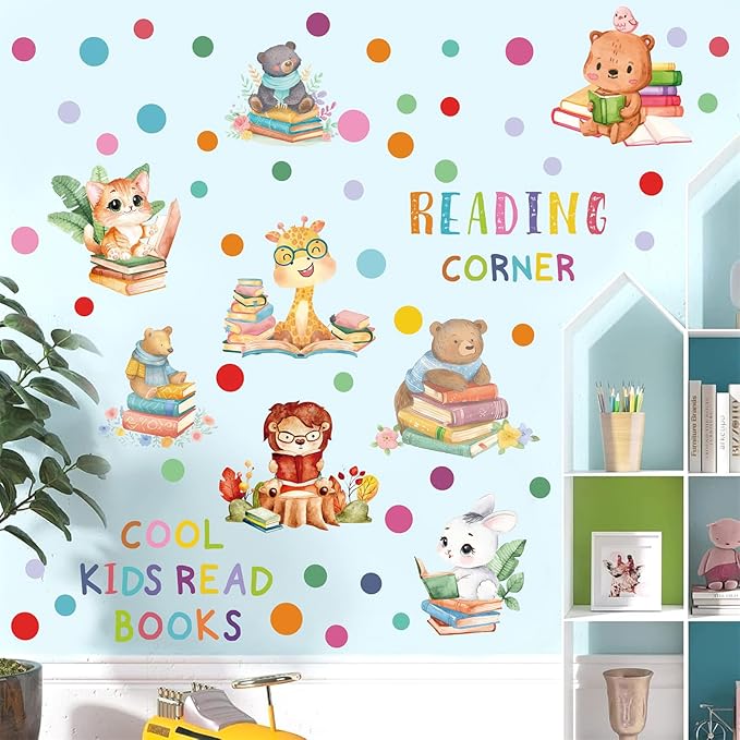 Reading Corner Decor,Reading Books Wall Decals,Learning Study Wall Stickers,Cartoon Animals Window Decals,Giraffe Bear Rabbit Read Books Stickers for Toddler Nursery Bedroom Classroom School-Ruum Studio Home