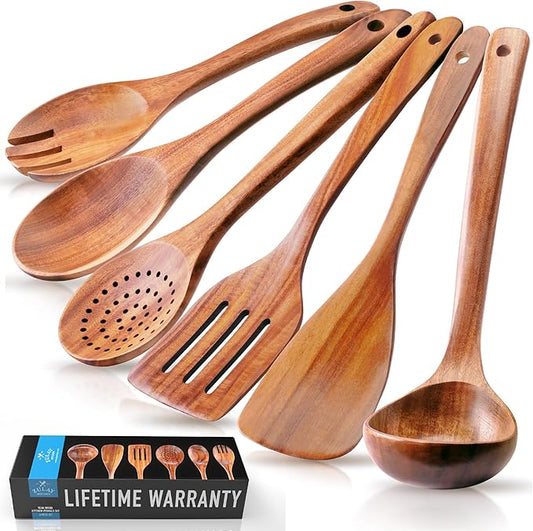 Zulay Kitchen Extra-Large 6-Piece Wooden Spoon Set - Smooth Teak Cooking Utensils - Comfort-Grip Non-Stick Turner, Spatula, Skimmer, Fork, Serving Spoon-Ruum Studio Home
