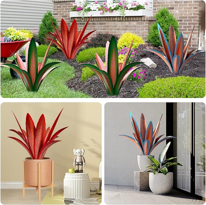 TOMBABY Enlarge Thickened Wind Resistant Metal Agave Garden Art Metal Plant Country Garden Sculpture Statue Outdoor Decoration Agave Metal Plant Courtyard Garden Lawn Ornament Gift (2, 12 Leaves red)-Ruum Studio Home