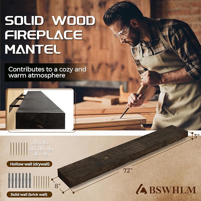 72x8x3 Fireplace Mantel - Solid Rustic Wood - Wall Mounted Floating Shelf with Invisible Heavy Duty Steel Bracket (Weathered Black)-Ruum Studio Home