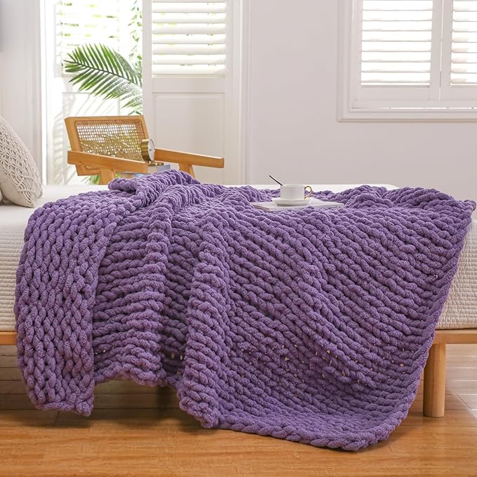 WESHIONGOO Chunky Knit Blanket Throw Knitted Throw Blankets for Couch Bed Fluffy Soft Blanket with Jumbo Chenille Yarn Thick 100% Handmade (Purple, 50"×60")-Ruum Studio Home
