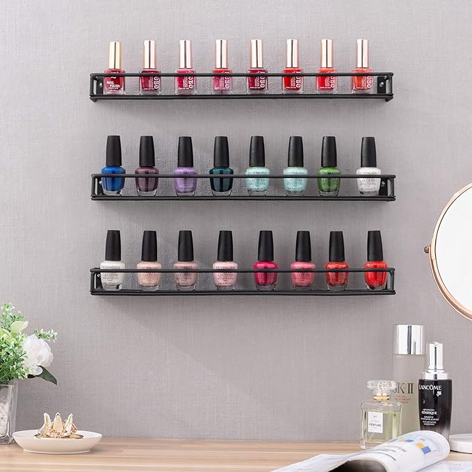 MyGift Set of 3 Wall-Mounted Black Metal Nail Polish and Essential Oils Display Shelves, Kitchen Spice Jars Rack-Ruum Studio Home