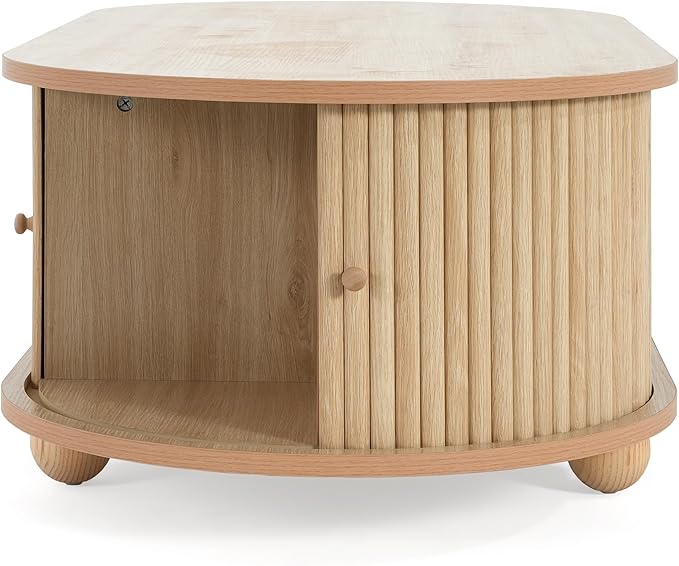 Oval Coffee Table with Storage for Living Room, Retro Charm Wooden Fluted Center Table, 47.24" Modern Classic Accordion Door Coffee Tables Dual Level Storage Side Table for Home,Office-Natural-Ruum Studio Home