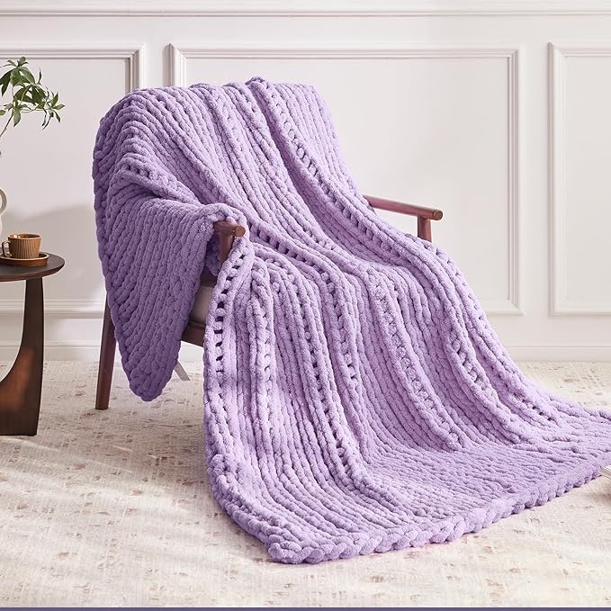 Chunky Knit Throw Blanket, 30''*40'' Knitted Throw Chenille Yarn for Bed Couch, Handmade Light Purple Crochet Big Thick Blanket, Machine Washable Cute Comfy Blanket for Home Decor-Ruum Studio Home