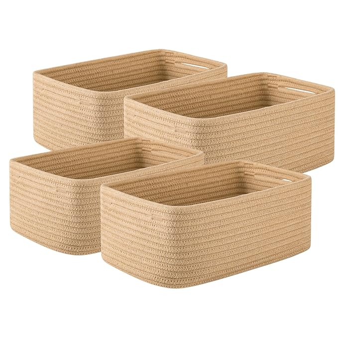 4 Pack Small Storage Shelf Baskets for Organizing, Mini Woven Rope Storage Bins for Towels, Cute Decorative Closet Organizer，Baby Nursery, Gift Empty Baskets -11.81''Lx7.87''Wx4.72''H-Jute-Ruum Studio Home