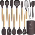 Silicone Cooking Utensils Set - 446°F Heat Resistant Silicone Kitchen Utensils for Cooking,Kitchen Utensil Spatula Set w Wooden Handles and Holder for Non-Stick Cookware, BPA FREE (Coffee)-Ruum Studio Home