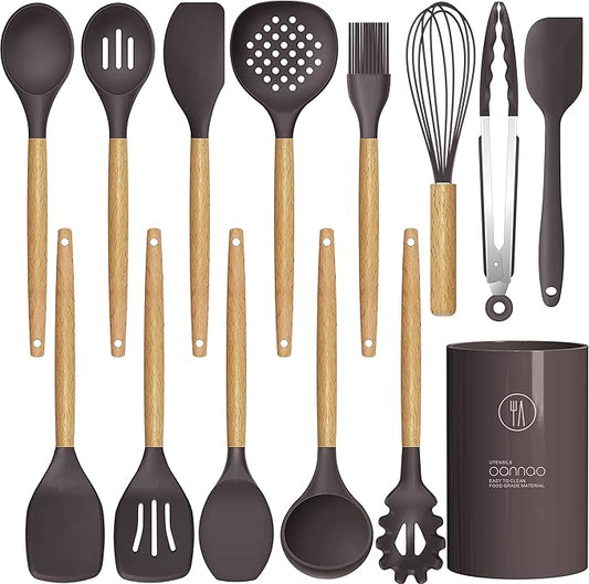 Silicone Cooking Utensils Set - 446°F Heat Resistant Silicone Kitchen Utensils for Cooking,Kitchen Utensil Spatula Set w Wooden Handles and Holder for Non-Stick Cookware, BPA FREE (Coffee)-Ruum Studio Home