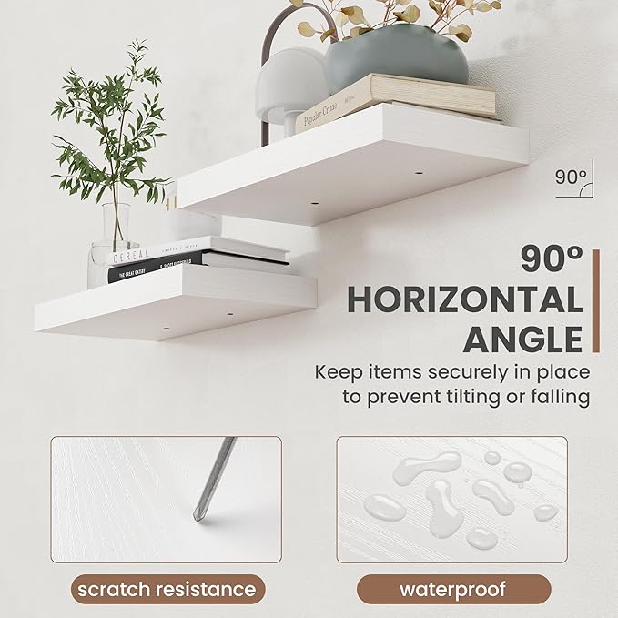 36 Inch Floating Shelves, 8 Inch Deep Floating Shelves for Wall, Hanging Shelf with Invisible Brackets, Deep Shelves for Bathroom, Bedroom, Living Room, White, Set of 2-Ruum Studio Home