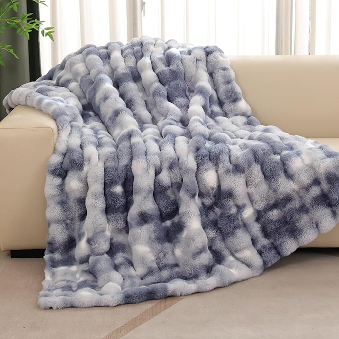 Tie-dye Blue Twin Cozy Faux Fur Blanket for Couch Bed Living Room 60x80 Furry Soft Fluffy Thick Warm Throw Blanket for Winter Home Gifts 860 GSM-Ruum Studio Home