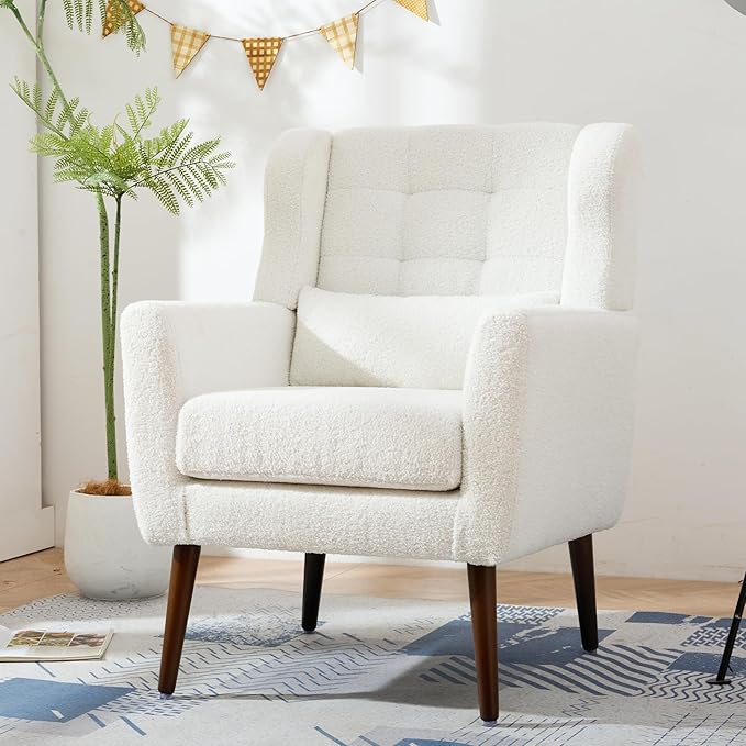 Accent Chair Set of 2, Upholstered Armchair with Pillow, Teddy Single Sofa with Lounge Seat and Wood Legs for Living Room Small Spaces-Ruum Studio Home