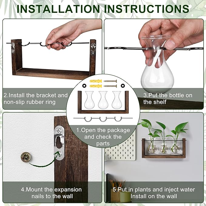 YIBOT Wall Hanging Planter Propagation Station, Plant Terrarium with Wooden Stand, Hydroponics Plants Home Office Living Room Decor Gift-3 Bulb Glass Vases-Ruum Studio Home