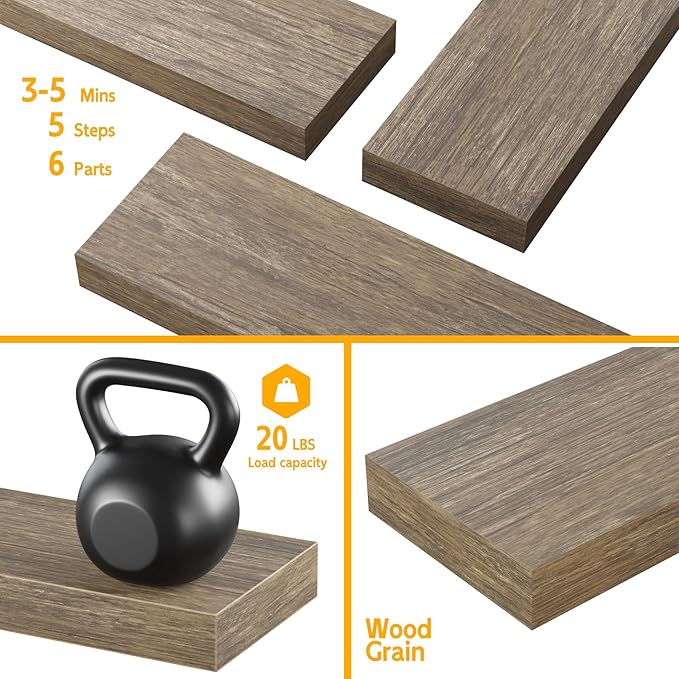 BAMEOS Floating Shelves,Wall Mounted Wooden Shelves with Invisible Brackets Set of 2, Hanging Wall Shelves Decoration for Bedroom, Bathroom, Living Room and Kitchen-Ruum Studio Home