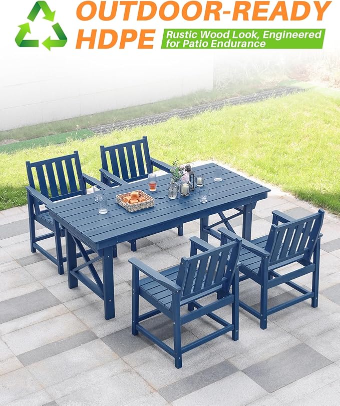 HDPE Patio Dining Set, 5-Piece Outdoor Table and Chairs with Umbrella Hole, Modern Outdoor Dining Set for 4, HDPE Outdoor Patio Furniture Dining Sets for Deck, Poolside, Porch, Navy-Ruum Studio Home