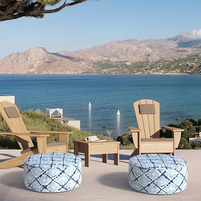 Inflatable Ottoman Stool D21 xH9 for Outdoor/Indoor Use, Water Repellent Patio Foot Rest with Portable Handle,Round Pouf Ottoman Suitable for Garden,Deck and Camping - Boho Geometry Blue-Ruum Studio Home