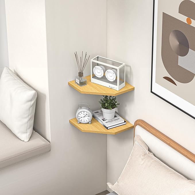 Corner Shelf Wall Mount, Corner Floating Shelves, Set of 4 Corner Wall Shelf Organizer, Rustic Wood Wall Storage Display Shelves for Living Room Bedroom Bathroom Kitchen, Oak-Ruum Studio Home