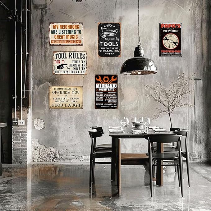 Garage Signs for Men Mechanic Shop Decor Funny Tool Rule Metal Tin Signs for Dad Garage Gifts Grandpa Workshop Wall Decor 8x12 Inch-Ruum Studio Home