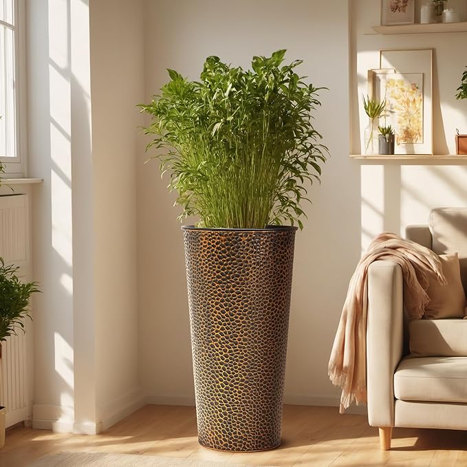 KOL 28" H. Tall Metal Cone Planters with Inner Pots 2-Pack, Bronze Hand-Hammered Large Decor Planter for Deck, Patio, Porch - Handcrafted Flower Pot - with Water Level Indicator - Indoor Outdoor Use-Ruum Studio Home