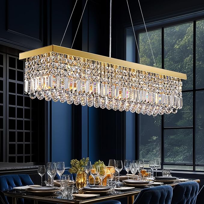 Modern Crystal Chandelier for Dining Room,Gold Luxury Crystal Chandelier,8 Lights Rectangular Rectangle Light Fixture for Living Room Kitchen Island L40''xW10''xH10''-Ruum Studio Home
