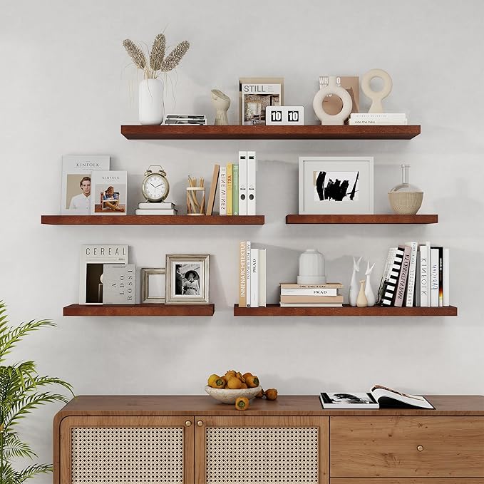 Fun Memories Solid Oak Wood Floating Shelves, 9.3 Inch Deep Natural Wood Shelf with Invisible Heavy Duty Bracket for Bathroom Bedroom Kitchen - 36inch Set of 2, Walnut-Ruum Studio Home