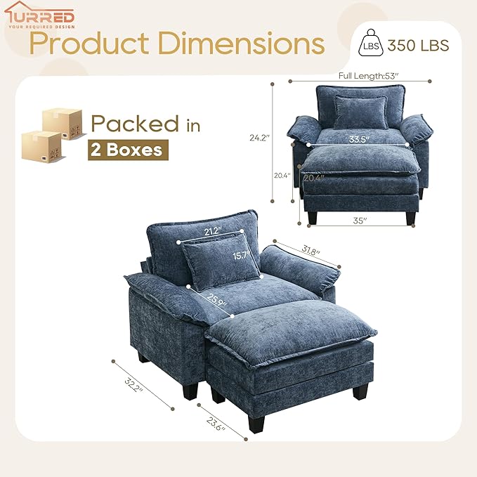URRED Modular Sectional Sofa Comfy Cloud Couch, Modern Chenille Sofa Sleeper Deep Seat Couches with Ottoman/Pillows for Living Room (Blue, 53''- Ottoman)-Ruum Studio Home