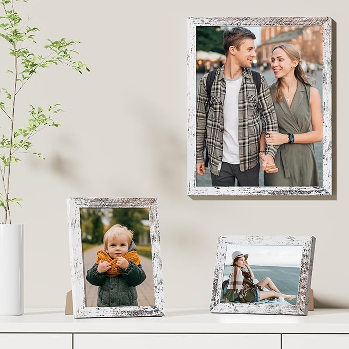 Vittanly 11x14 Picture Frames Set of 9, Shatter Resistant Plexiglass, Display 8x10 Pictures with Mat or 11x14 without Mat, Photo Frames for Wall or Tabletop, Engineered Wood, Distressed White-Ruum Studio Home