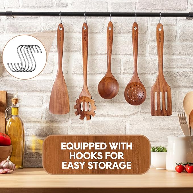 Wooden Spoons for Cooking, 10PCS Teak Wood Cookware Utensil Set with Hooks - Smooth Finish, Non-Stick, Comfortable Grip, Heat Resistant Kitchen Utensils-Ruum Studio Home