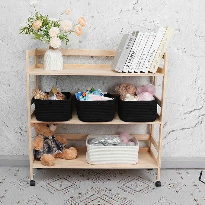 Small Woven Storage Baskets 12“X8”X5“ Decorative Rope Bins for Organizing Shelves, Closets, and Toys, Empty Gift Baskets, Cute Organizer Basket for Home and Office (black, regular)-Ruum Studio Home