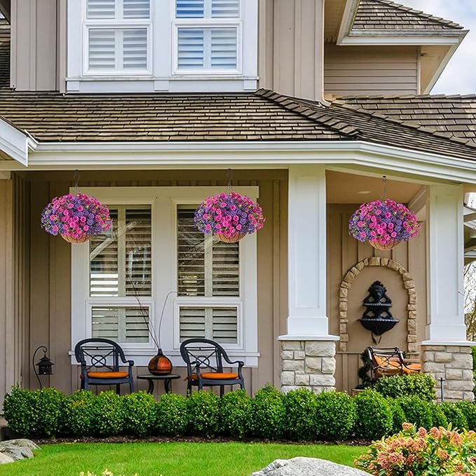 Artificial Faux Hanging Flowers Plants Basket for Spring Summer Outdoors Decoration, Silk Morning Glory with Eucalyptus Look Real UV Resistant Fake Flowers for Outside Porch Patio Balcony Home, Mix-Ruum Studio Home